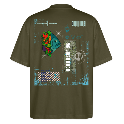 FINE.MAFI Oversized Unisex Bio T-Shirt Both Sides Fish - Khaki